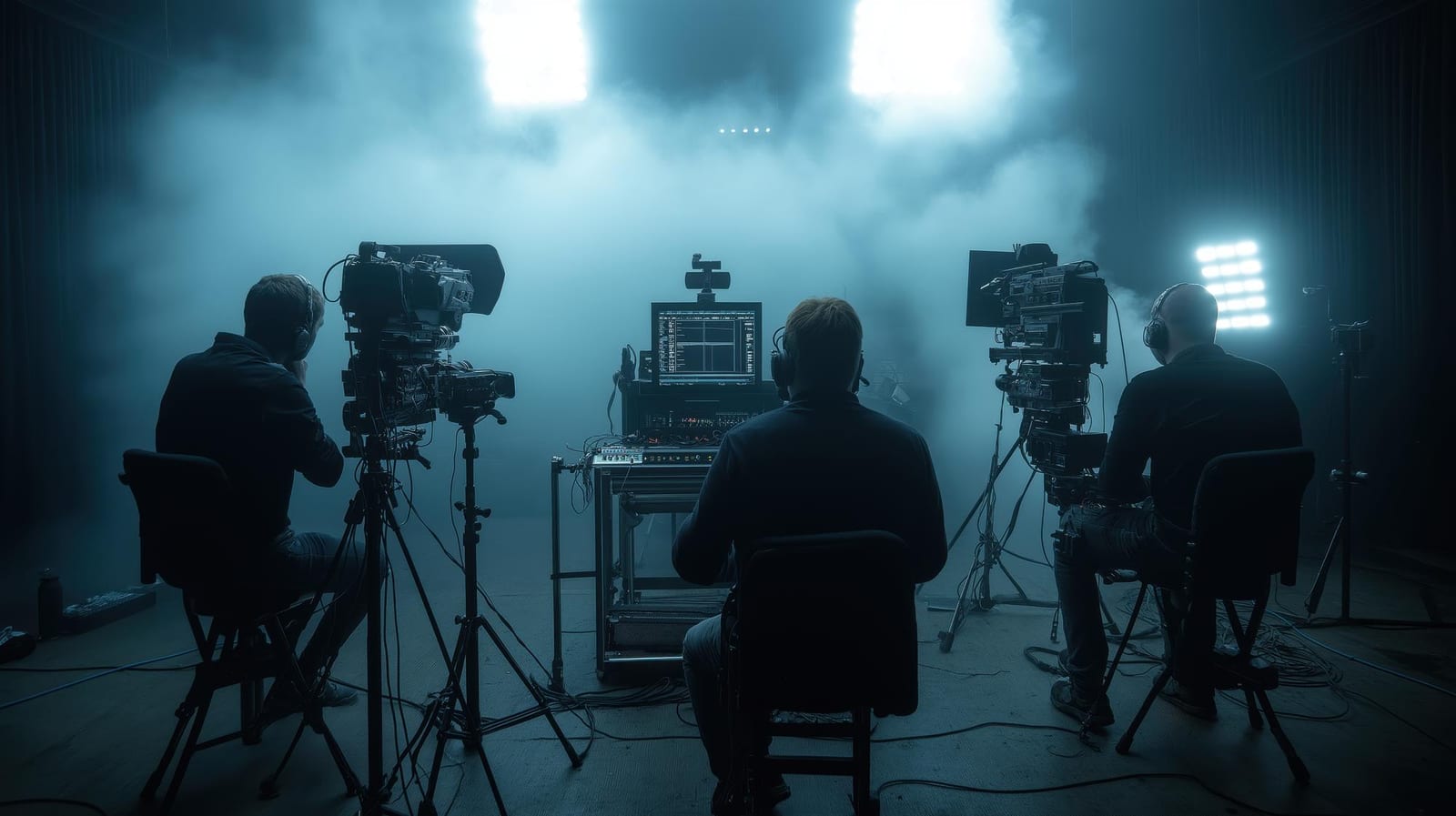 Estúdio de televisão com câmeras e equipe de produção durante gravação