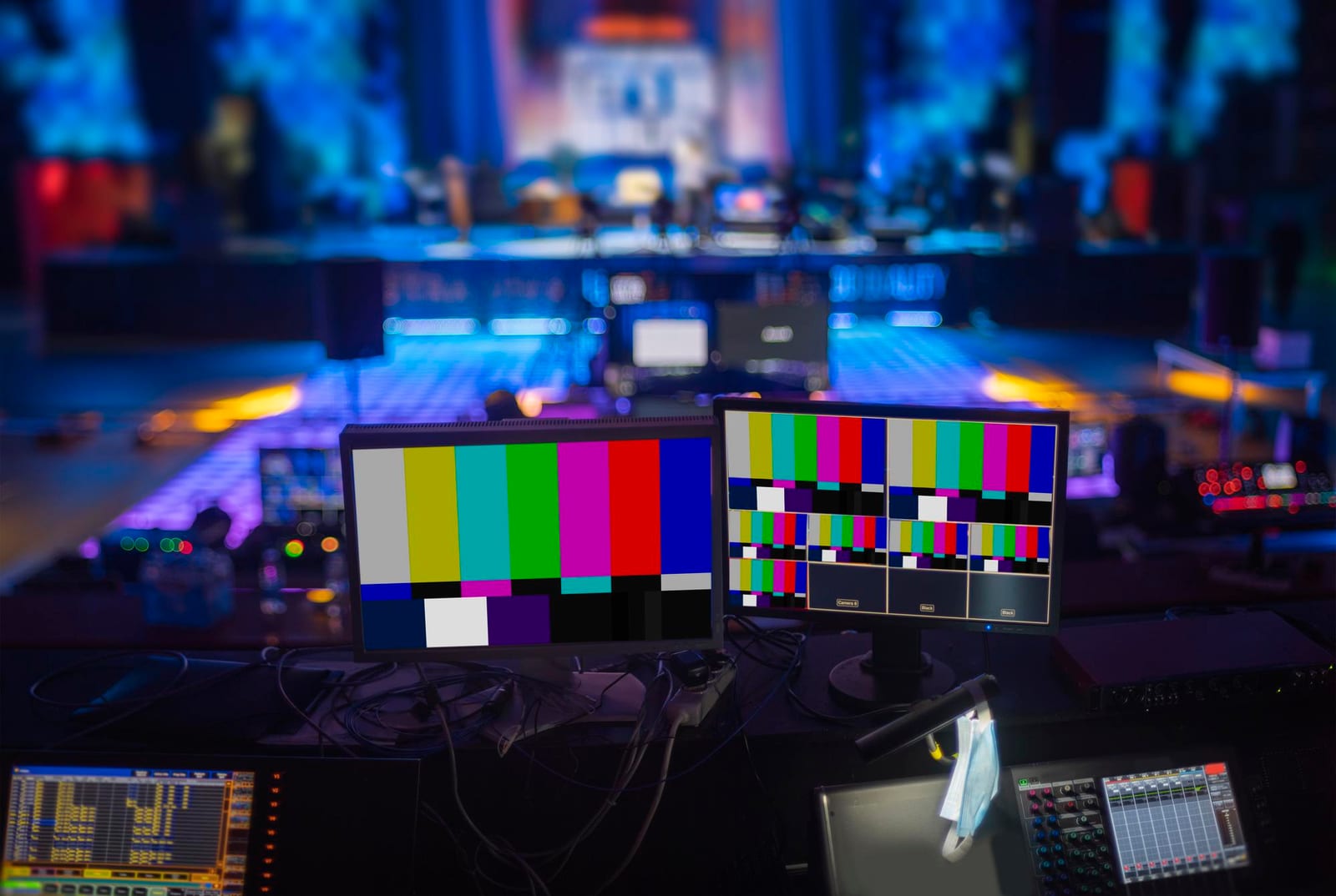 Estúdio de TV com câmeras apontadas para o set de um telejornal