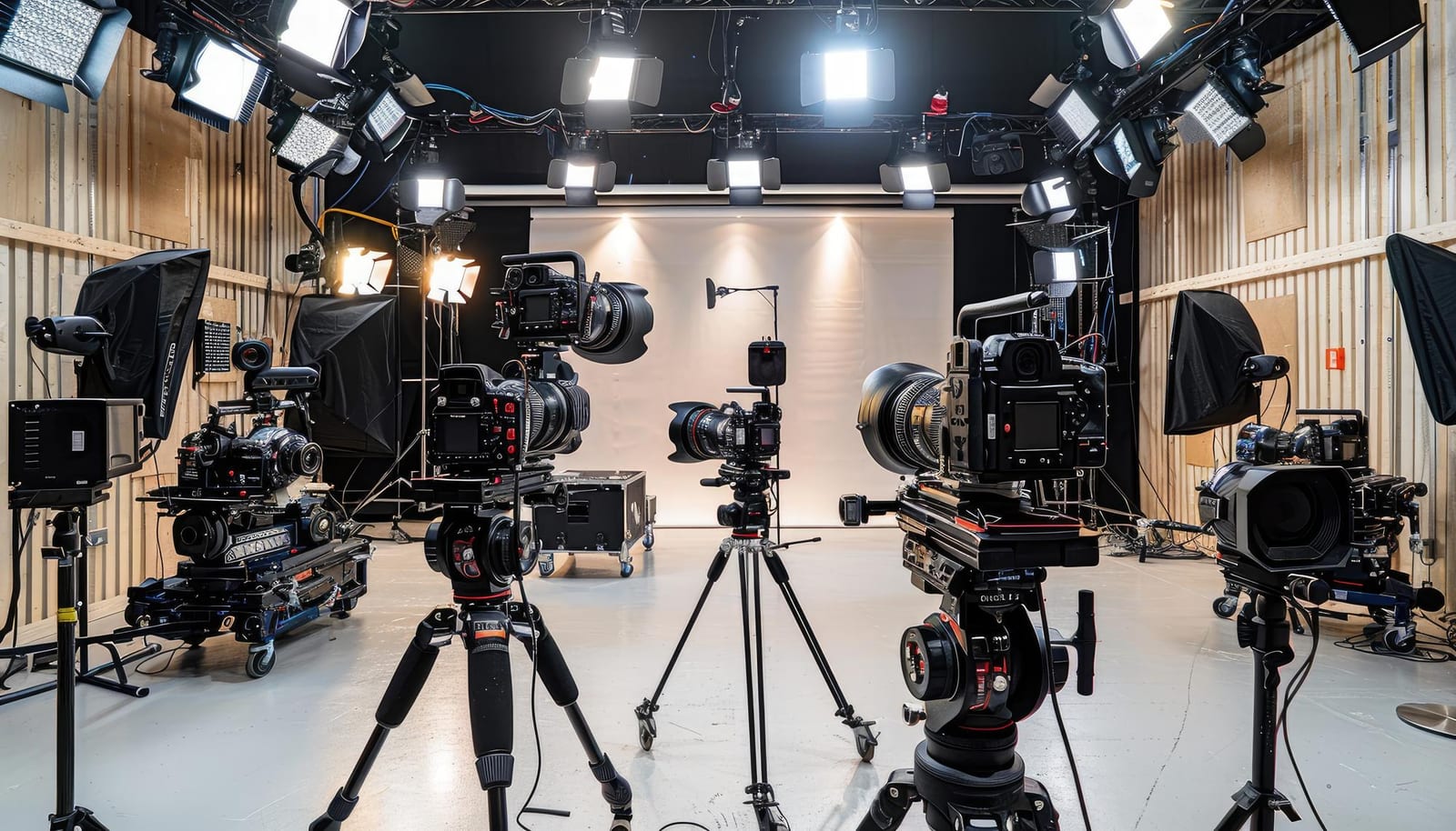 Equipe de produção audiovisual organizando câmeras para gravação de programa de entretenimento